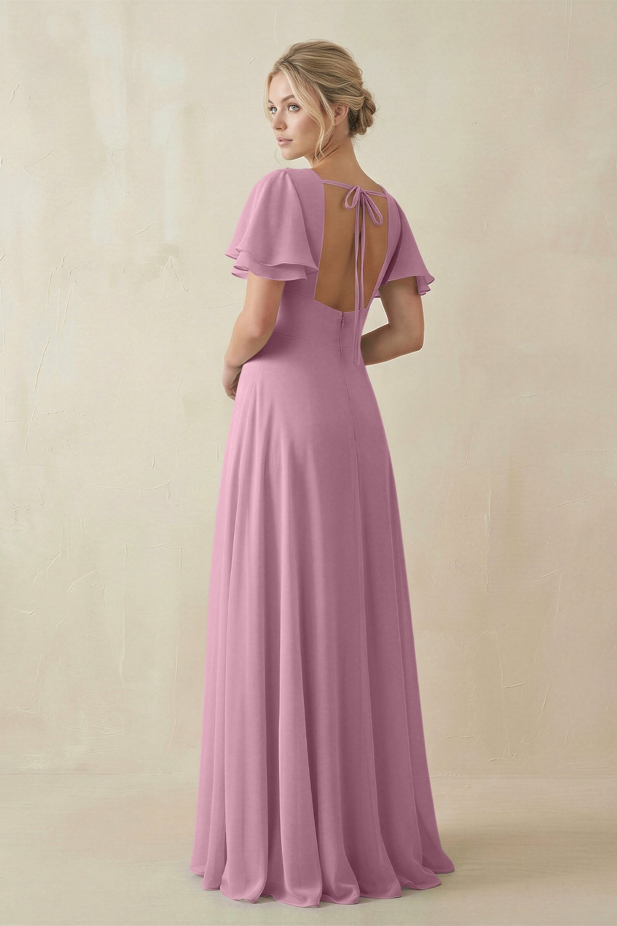 V - Neck Ruffled Short Sleeves A - Line Bridesmaid Dress in Vintage Mauve - SHE IS ME Bridesmaid Dresses