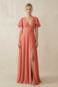 V - Neck Ruffled Short Sleeves A - Line Bridesmaid Dress in Wild Rose - SHE IS ME Bridesmaid Dresses