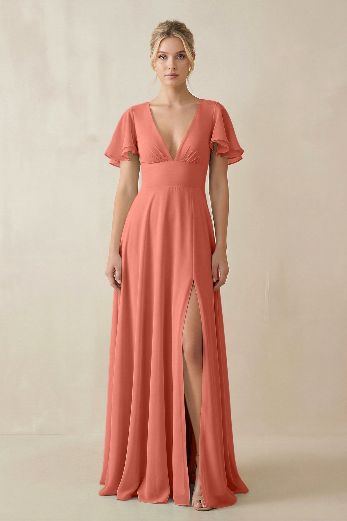 V - Neck Ruffled Short Sleeves A - Line Bridesmaid Dress in Wild Rose - SHE IS ME Bridesmaid Dresses