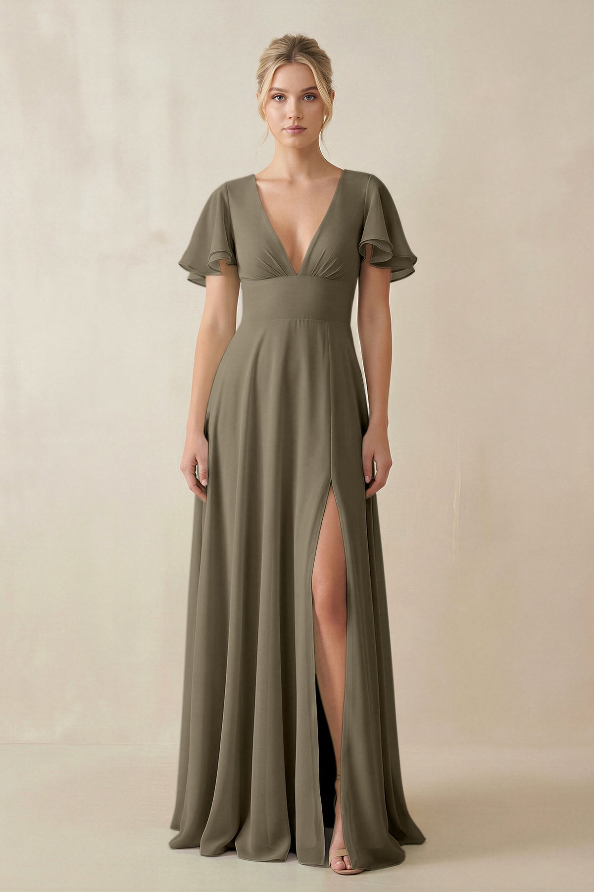 V - Neck Ruffled Short Sleeves A - Line Bridesmaid Dress in Willow Green - SHE IS ME Bridesmaid Dresses