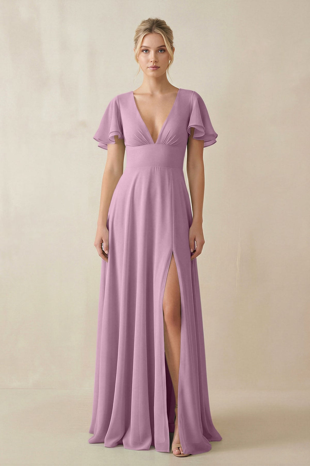 V - Neck Ruffled Short Sleeves A - Line Bridesmaid Dress in Wisteria - SHE IS ME Bridesmaid Dresses