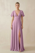 V - Neck Ruffled Short Sleeves A - Line Bridesmaid Dress in Wisteria - SHE IS ME Bridesmaid Dresses