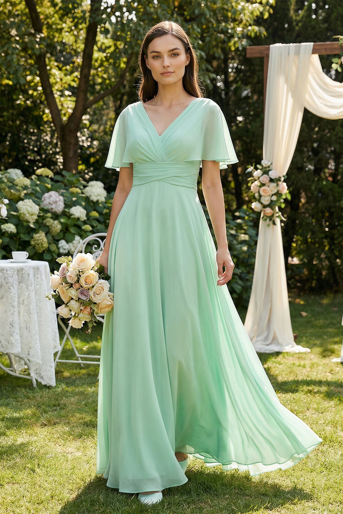 V-Neck Ruffled Sleeve A-Line Chiffon Bridesmaid Dress in Pale Pistachio - SHE IS ME BRIDESMAID DRESSES