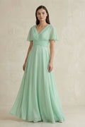 V-Neck Ruffled Sleeve A-Line Chiffon Bridesmaid Dress in Pale Pistachio - SHE IS ME BRIDESMAID DRESSES