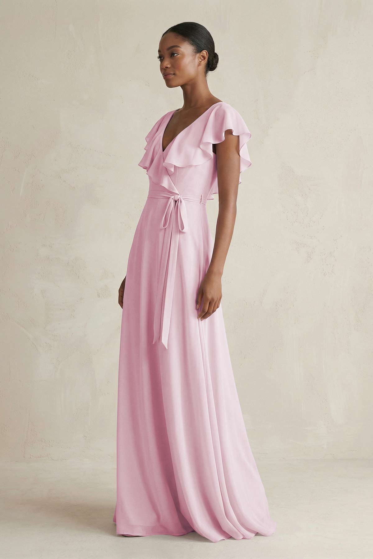 V - Neck Ruffled Sleeve A - Line Chiffon Bridesmaid Dress in Candy Pink - SHE IS ME Bridesmaid Dresses