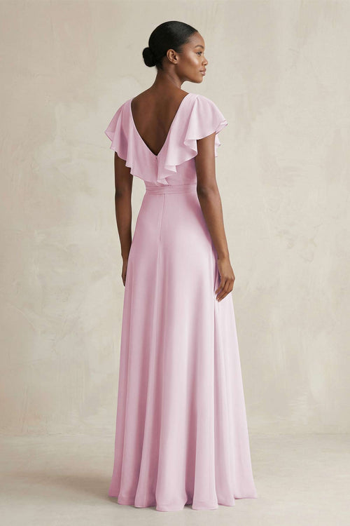 V - Neck Ruffled Sleeve A - Line Chiffon Bridesmaid Dress in Candy Pink - SHE IS ME Bridesmaid Dresses