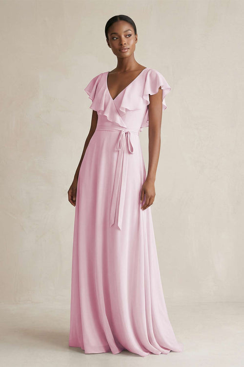 V - Neck Ruffled Sleeve A - Line Chiffon Bridesmaid Dress in Candy Pink - SHE IS ME Bridesmaid Dresses