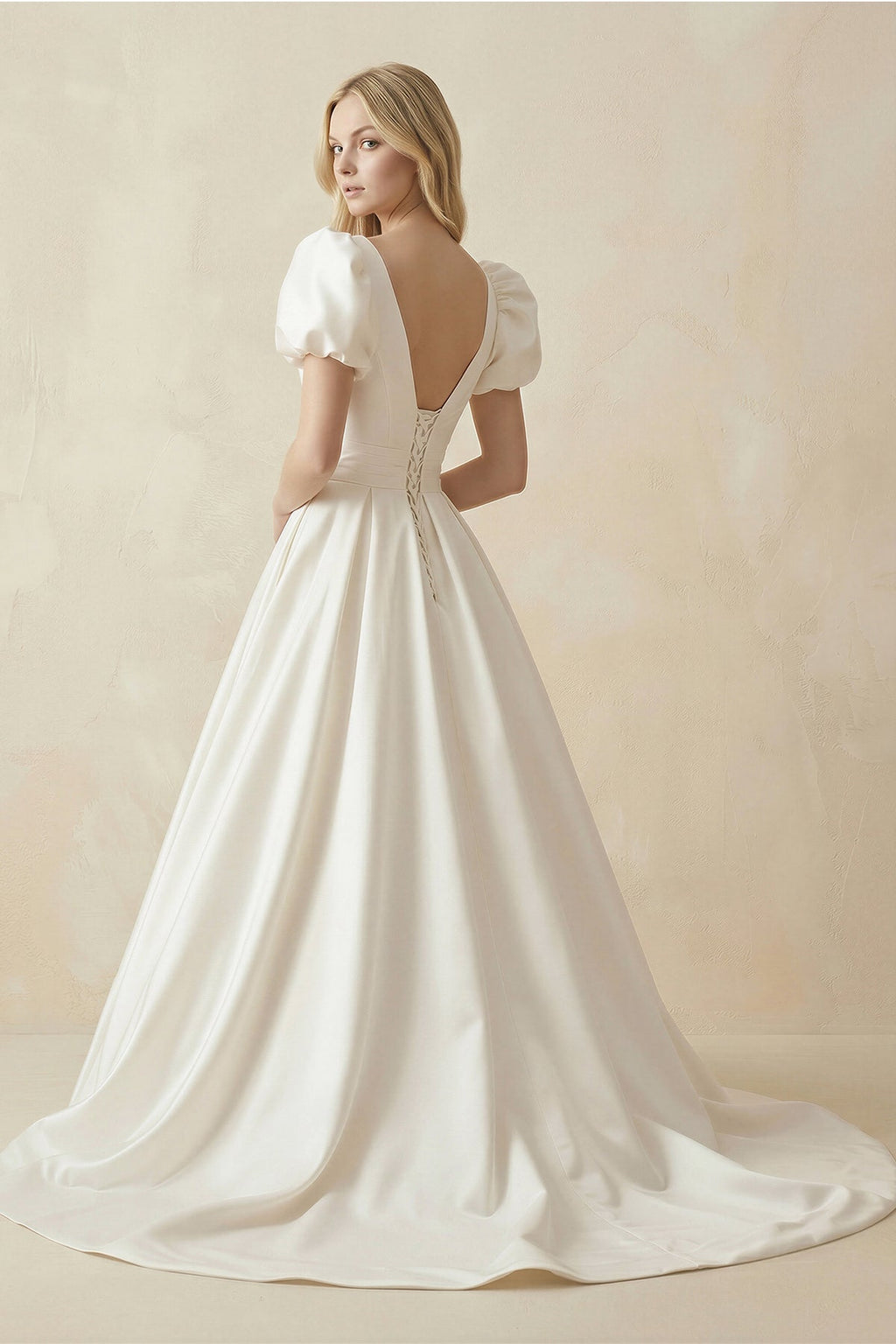V - Neck Satin A - Line Ruched Wedding Dress with Puff Sleeves in White - SHE IS ME Wedding Dresses