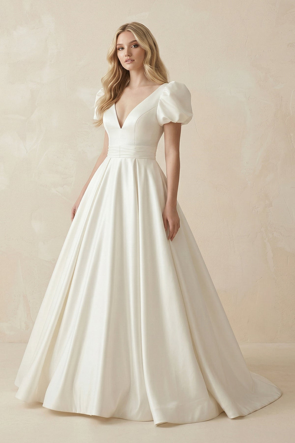 V - Neck Satin A - Line Ruched Wedding Dress with Puff Sleeves in White - SHE IS ME Wedding Dresses