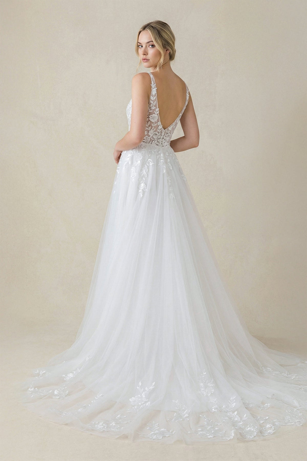 White satin V-neck mermaid wedding dress by SHEISME featuring a fitted silhouette and elegant design.