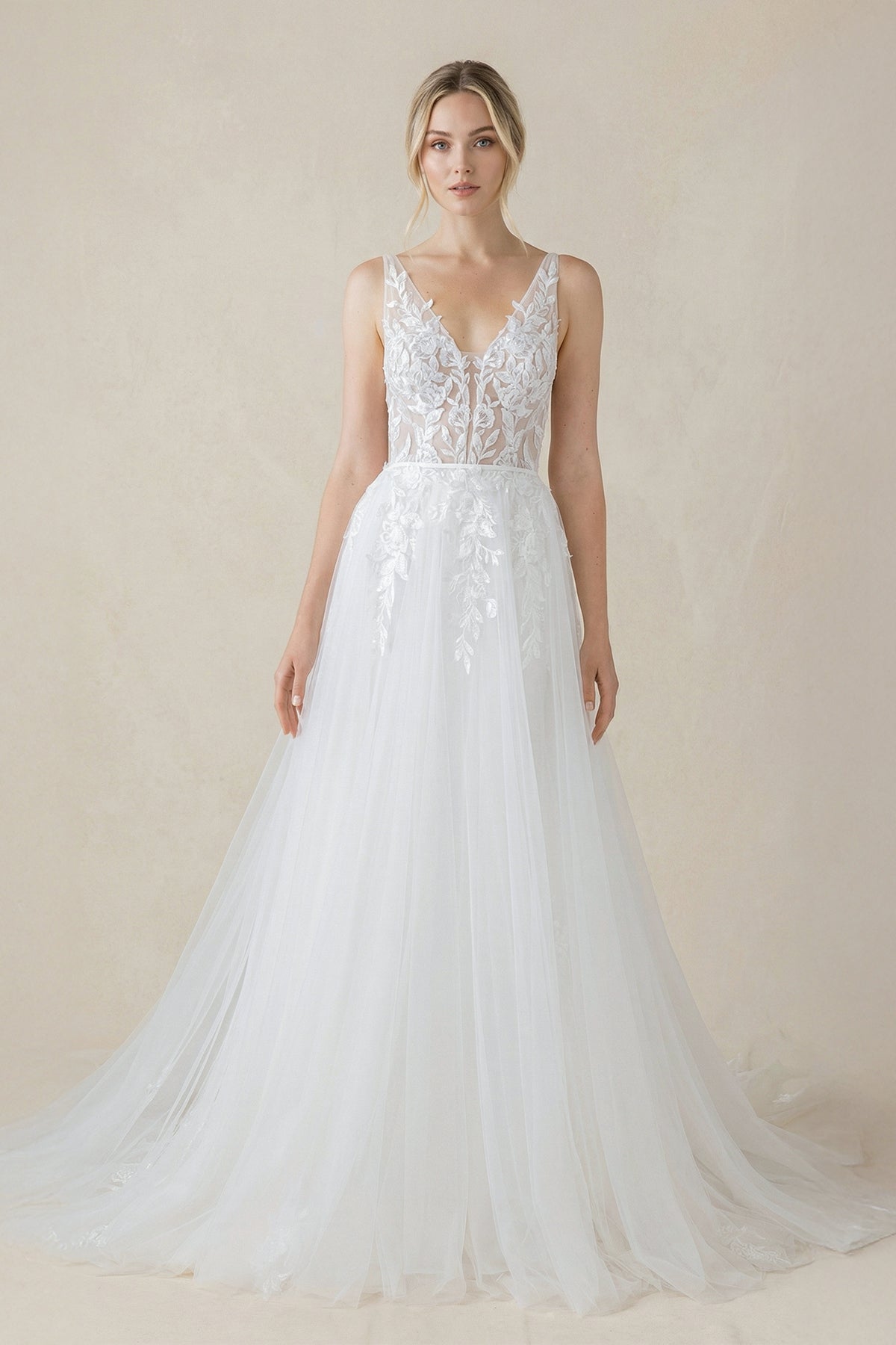 White satin V-neck mermaid wedding dress by SHEISME featuring a fitted silhouette and elegant design.