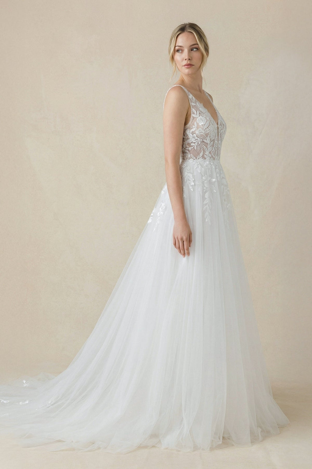 White satin V-neck mermaid wedding dress by SHEISME featuring a fitted silhouette and elegant detailing.