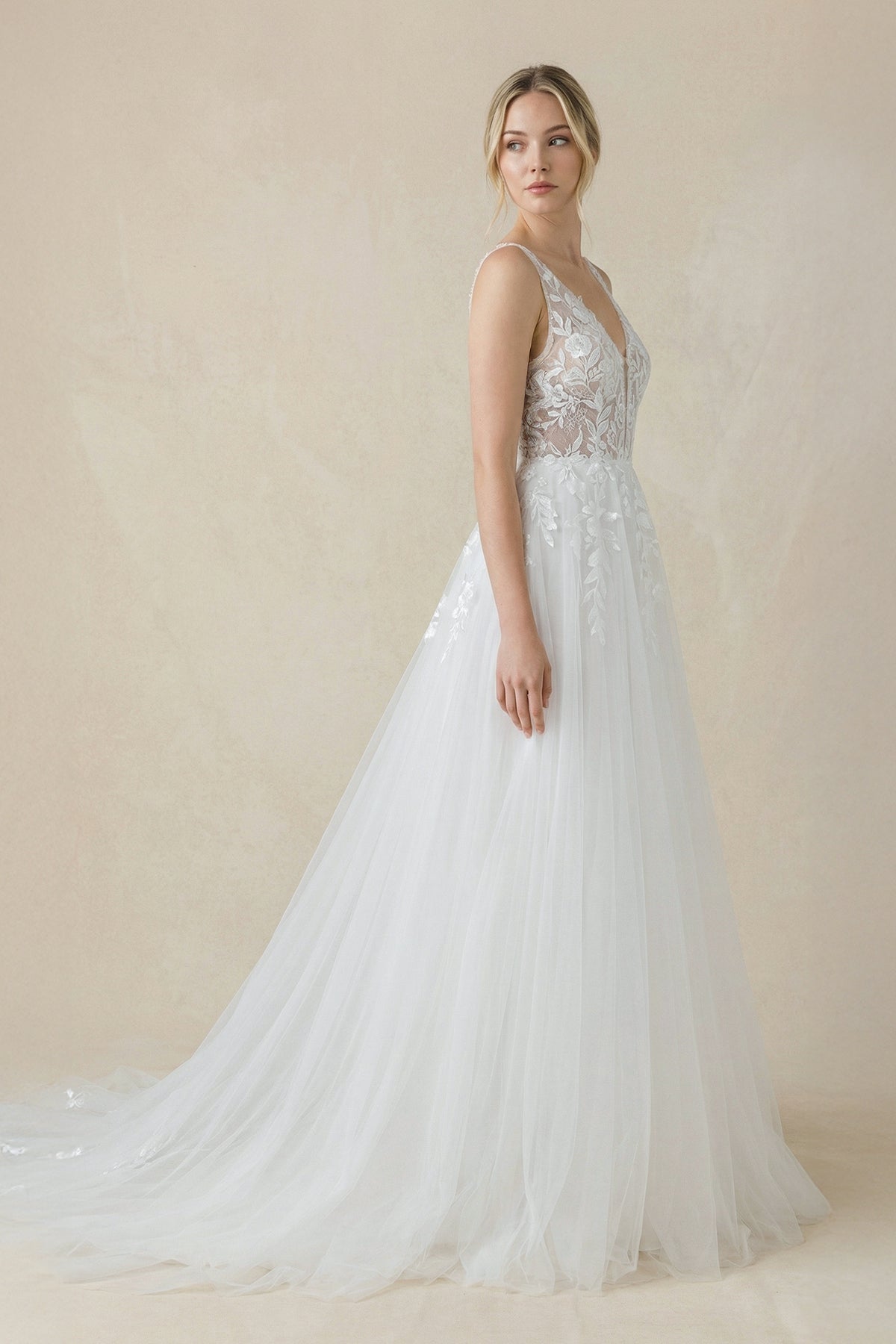 White satin V-neck mermaid wedding dress by SHEISME featuring a fitted silhouette and elegant detailing.