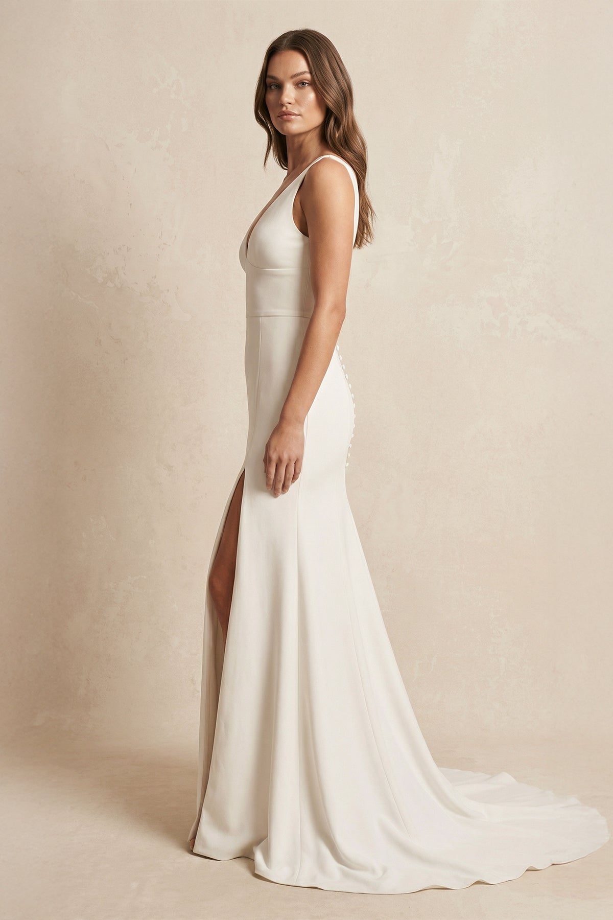 V - Neck Satin Mermaid Wedding Dress With Slit in Ivory - SHE IS ME Wedding Dresses