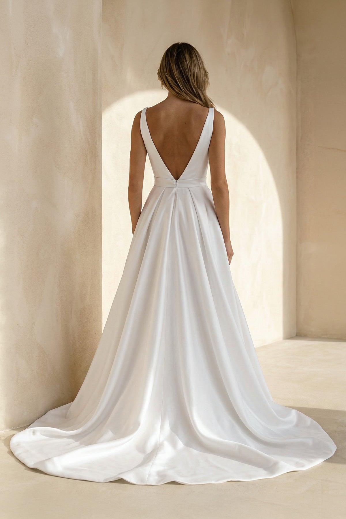 V - Neck Satin Sleeveless Wedding Dress in Ivory - SHE IS ME Wedding Dresses