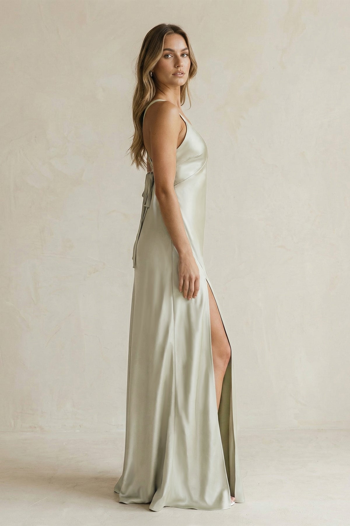 V - Neck Sheath Satin Bridesmaid Dress With Slit in Frost - SHE IS ME Bridesmaid Dresses