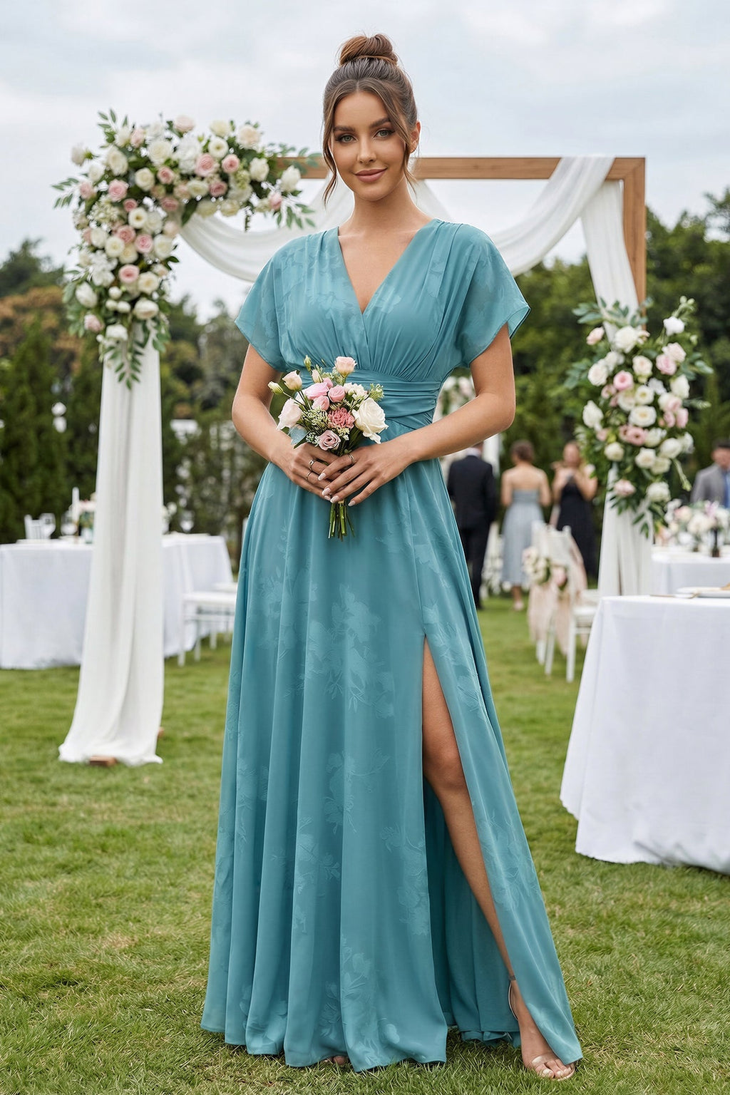 V - Neck Short Sleeve A - Line Floral Chiffon Bridesmaid Dress in Adriatic Blue - SHE IS ME Bridesmaid Dresses