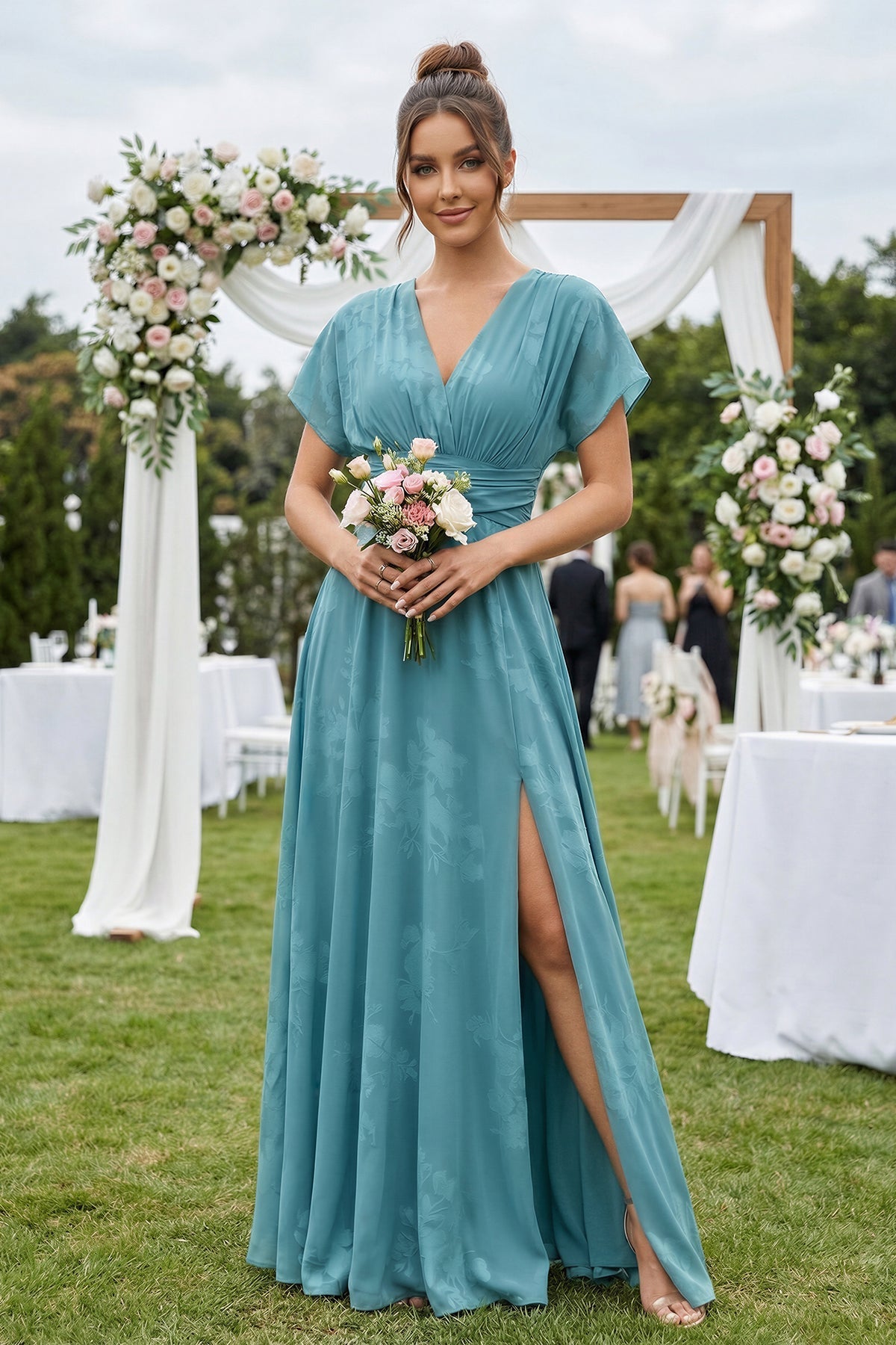 V - Neck Short Sleeve A - Line Floral Chiffon Bridesmaid Dress in Adriatic Blue - SHE IS ME Bridesmaid Dresses