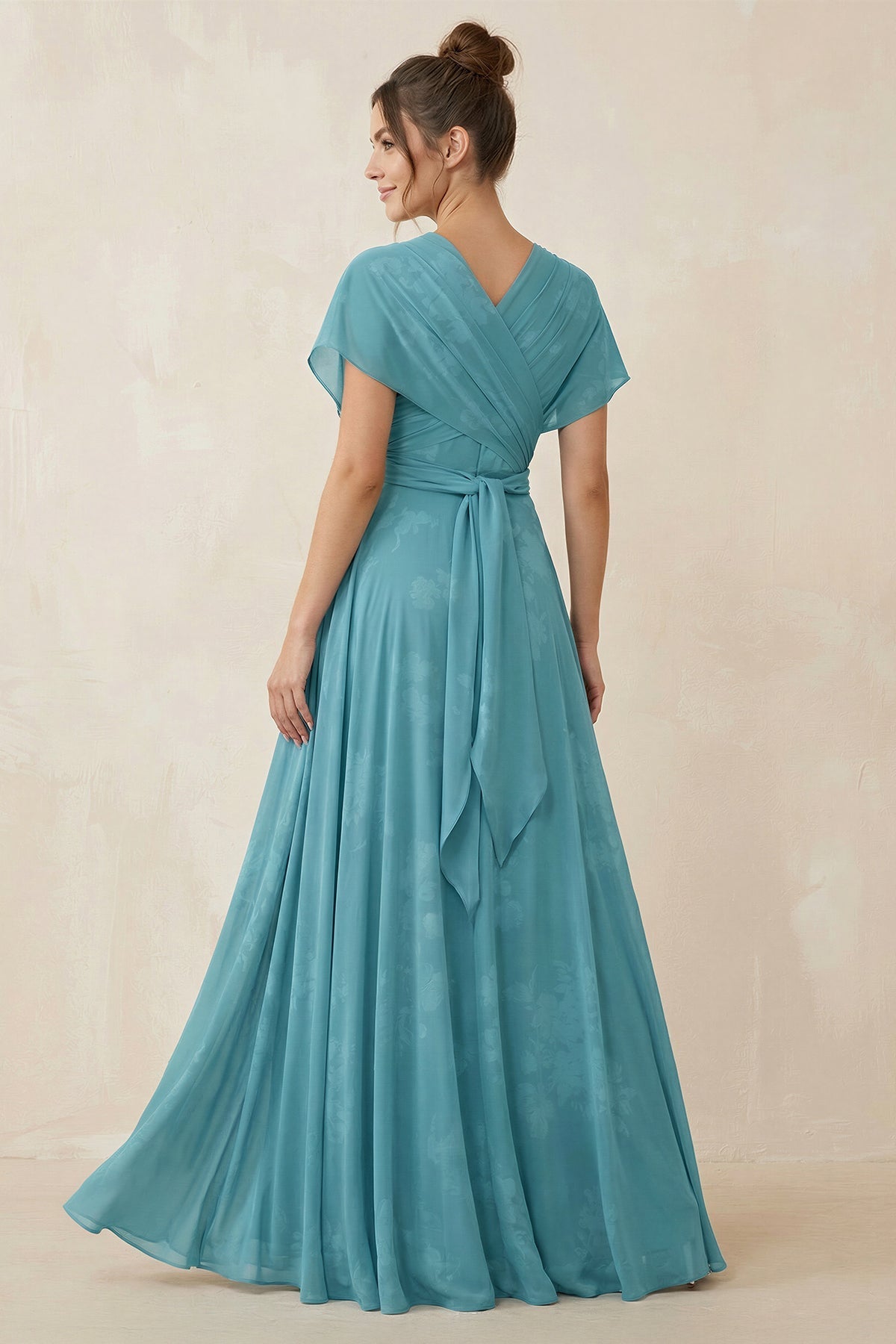 V - Neck Short Sleeve A - Line Floral Chiffon Bridesmaid Dress in Adriatic Blue - SHE IS ME Bridesmaid Dresses