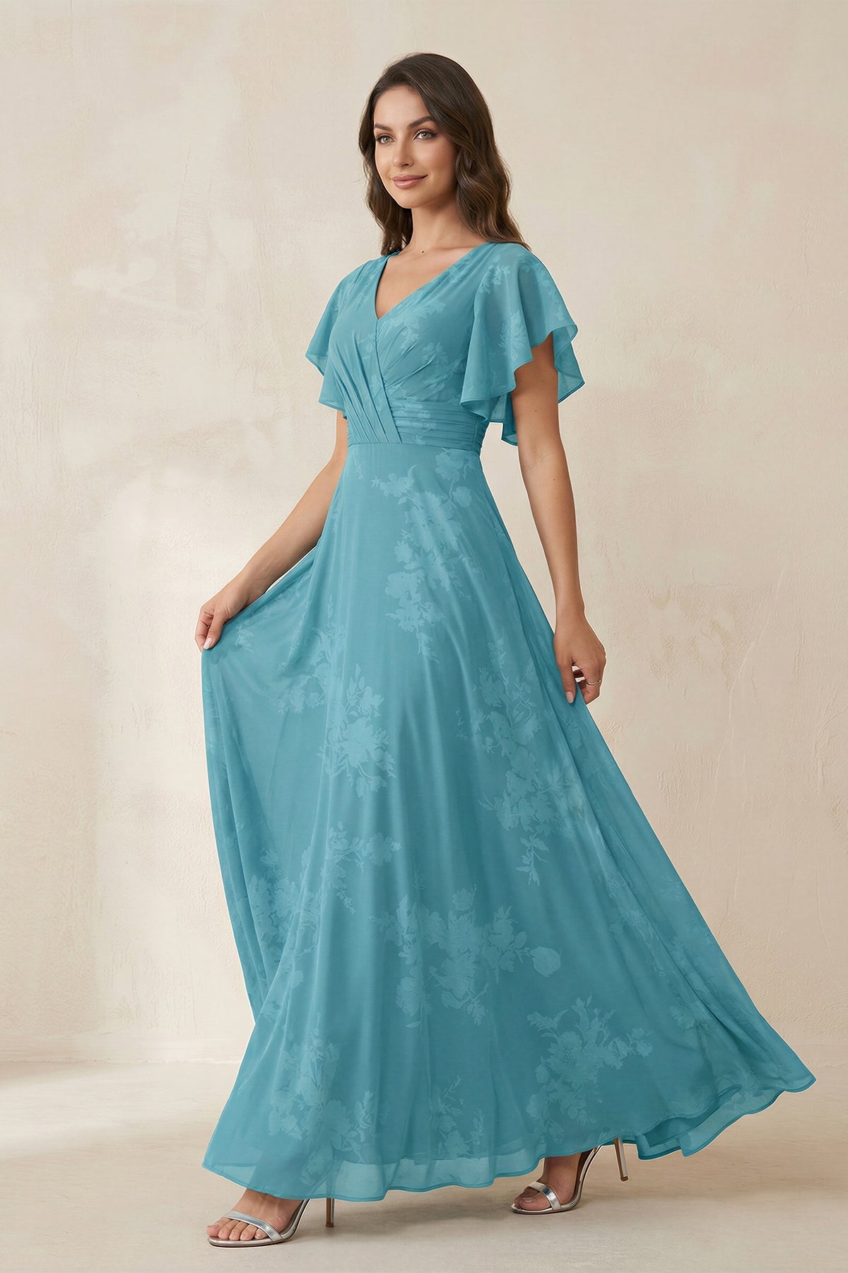 V - Neck Short Sleeve Floral Chiffon A - Line Bridesmaid Dress in Adriatic Blue - SHE IS ME Bridesmaid Dresses