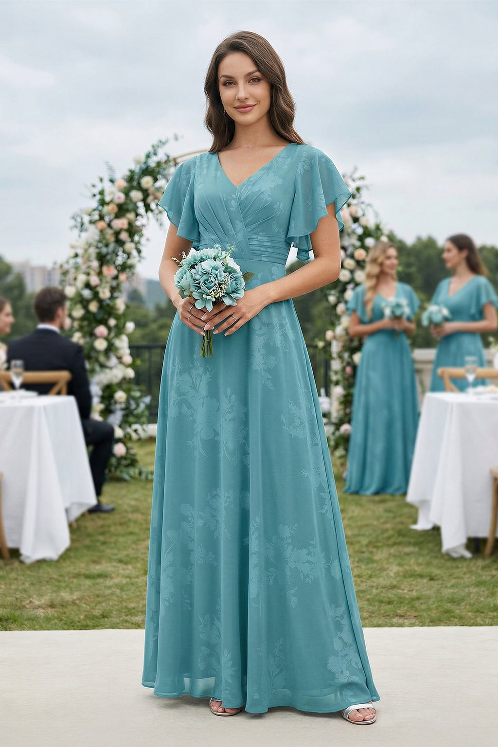 V - Neck Short Sleeve Floral Chiffon A - Line Bridesmaid Dress in Adriatic Blue - SHE IS ME Bridesmaid Dresses