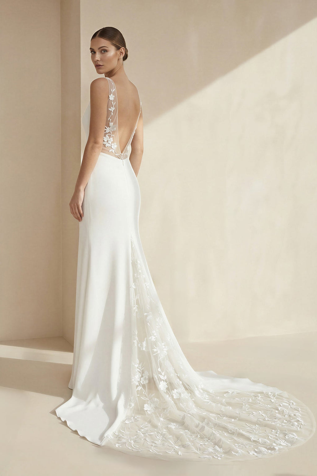 V - Neck Sleeveless Plunging Satin Wedding Dress in White - SHE IS ME Wedding Dresses