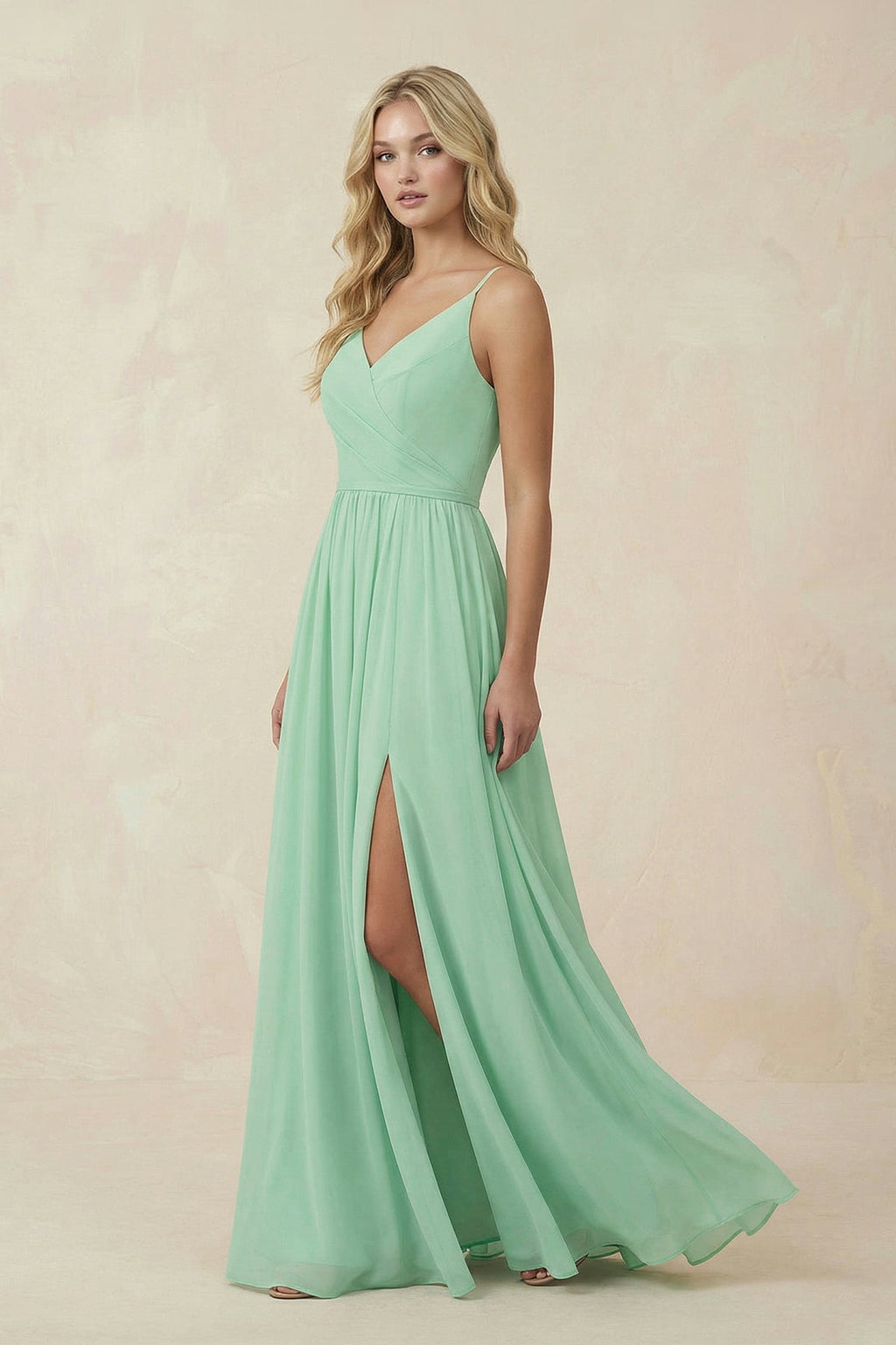 V-Neck Spaghetti Strap A-Line Chiffon Bridesmaid Dress in Pale Pistachio - SHE IS ME BRIDESMAID DRESSES