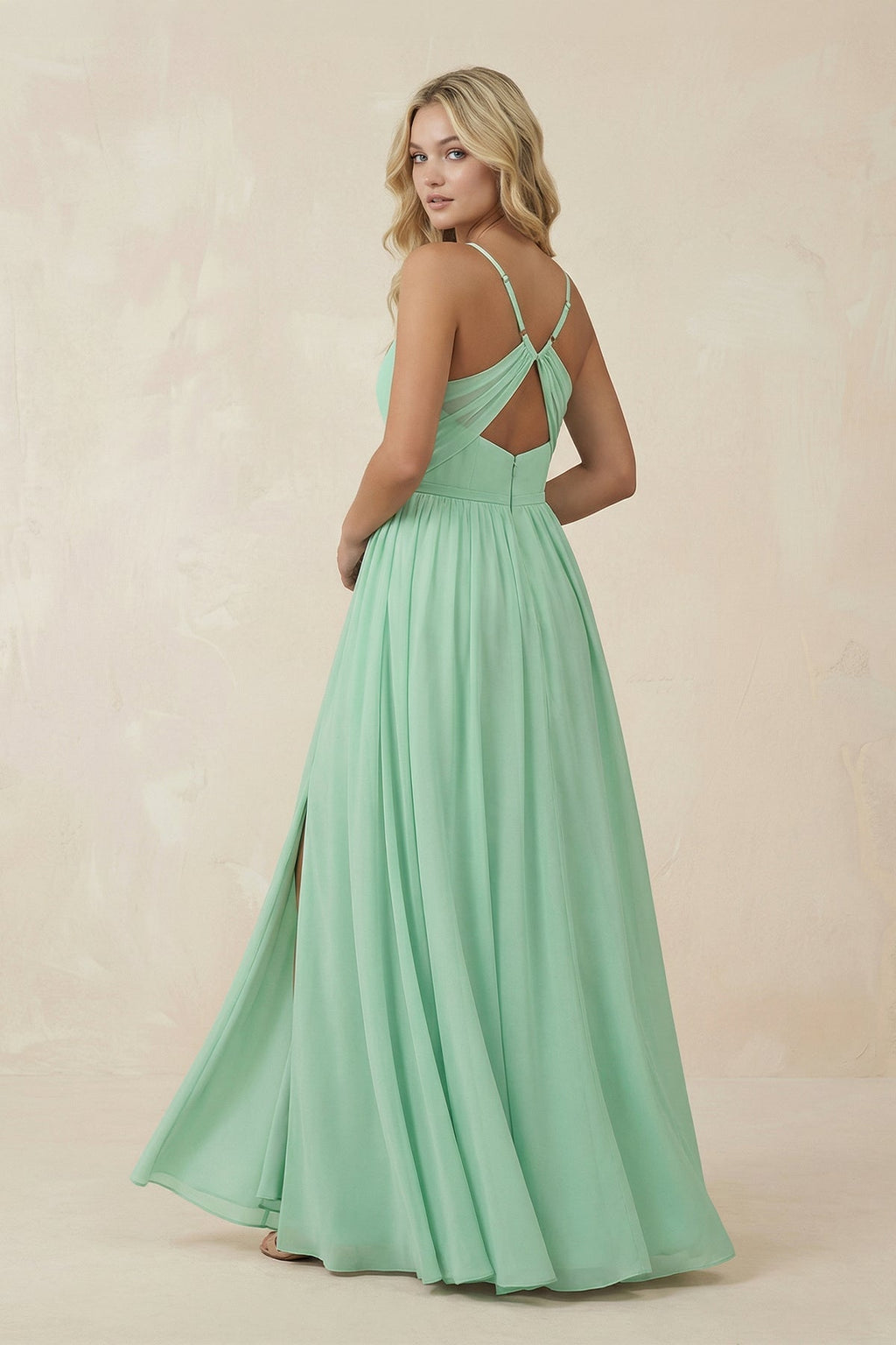V-Neck Spaghetti Strap A-Line Chiffon Bridesmaid Dress in Pale Pistachio - SHE IS ME BRIDESMAID DRESSES