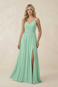 V-Neck Spaghetti Strap A-Line Chiffon Bridesmaid Dress in Pale Pistachio - SHE IS ME BRIDESMAID DRESSES
