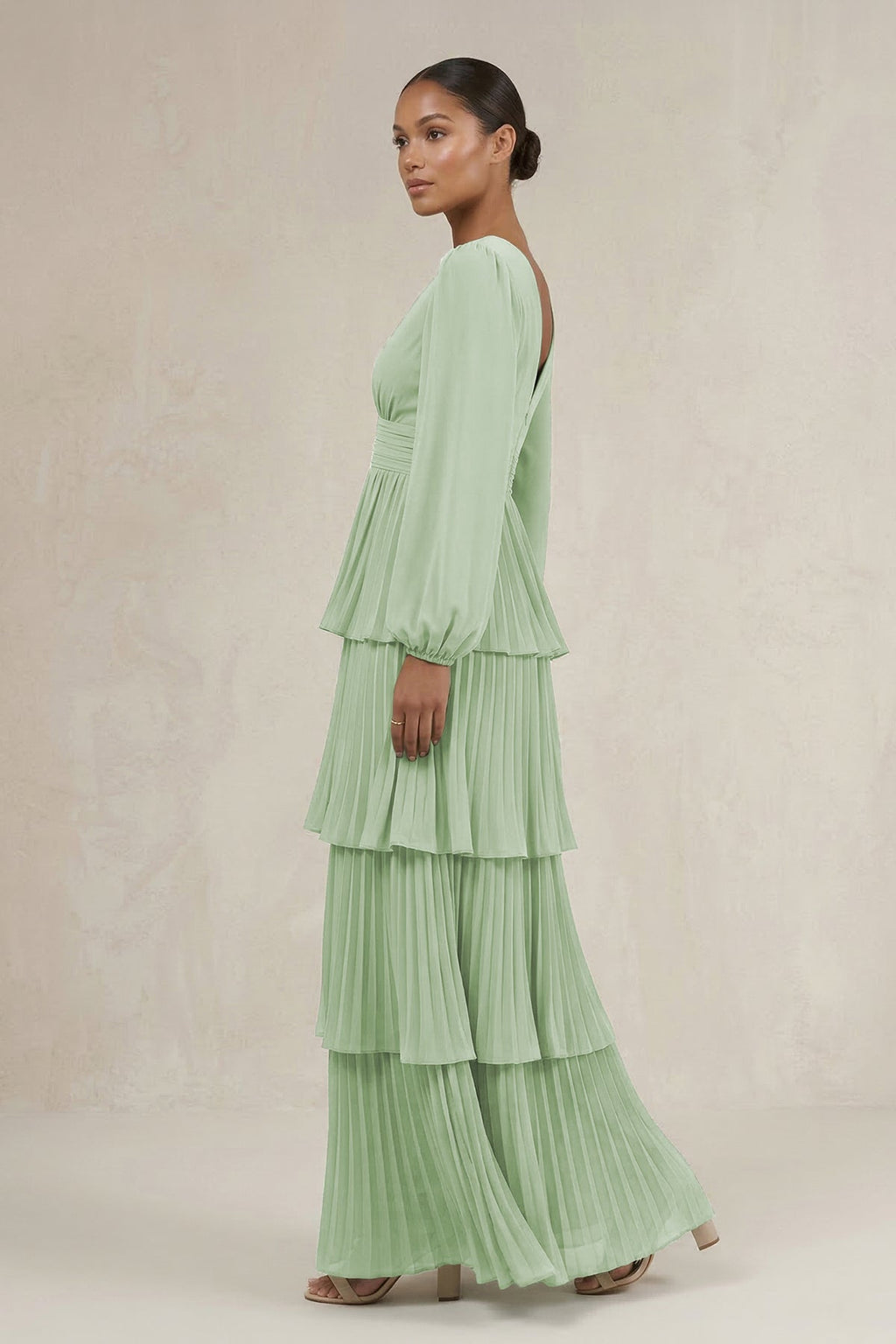 V - Neck Tiered A - Line Long Sleeve Bridesmaid Dress in Sage - SHE IS ME Bridesmaid Dresses