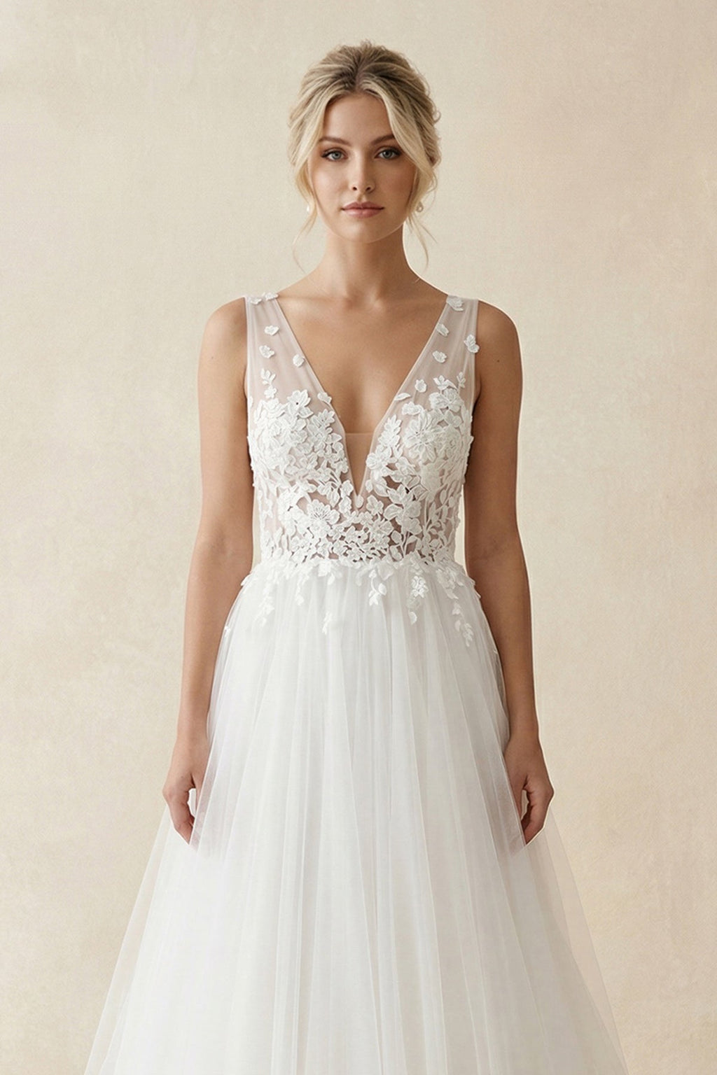 V - Neck Tulle Appliqued Maxi Wedding Dress in White - SHE IS ME Wedding Dresses