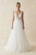 V - Neck Tulle Appliqued Maxi Wedding Dress in White - SHE IS ME Wedding Dresses