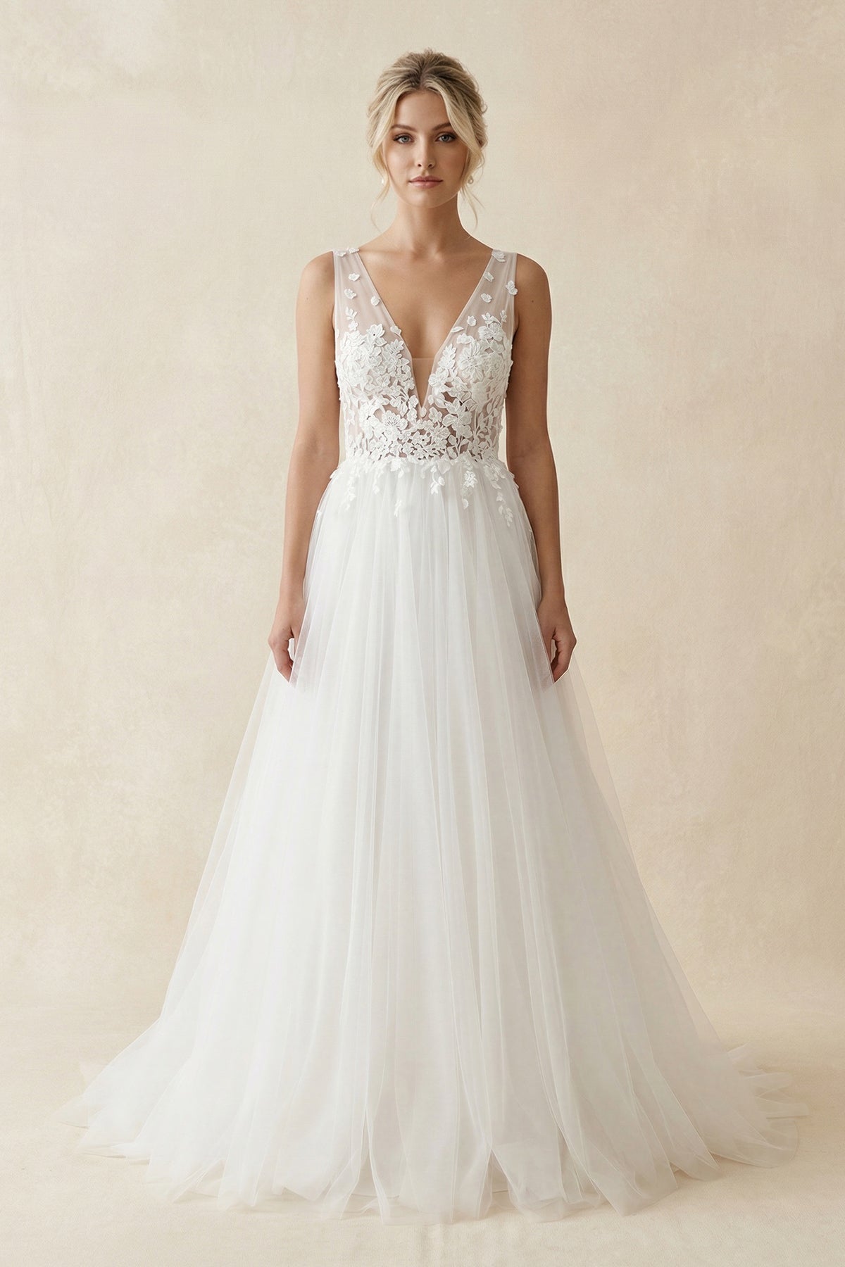 V - Neck Tulle Appliqued Maxi Wedding Dress in White - SHE IS ME Wedding Dresses