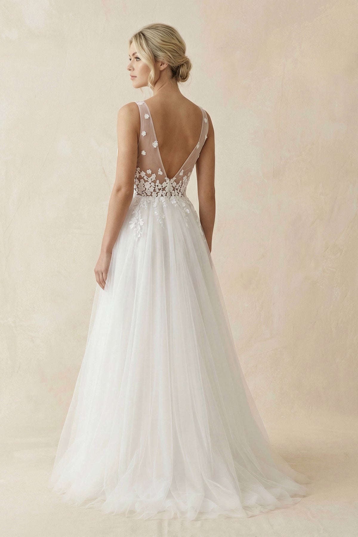 V - Neck Tulle Appliqued Maxi Wedding Dress in White - SHE IS ME Wedding Dresses