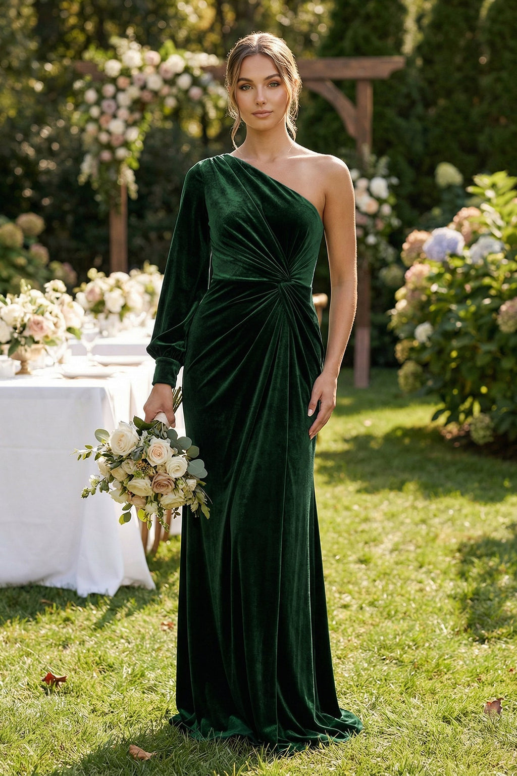 Velvet One Shoulder Sheath Long Sleeve Bridesmaid Dress in Dark Green - SHE IS ME Bridesmaid Dresses