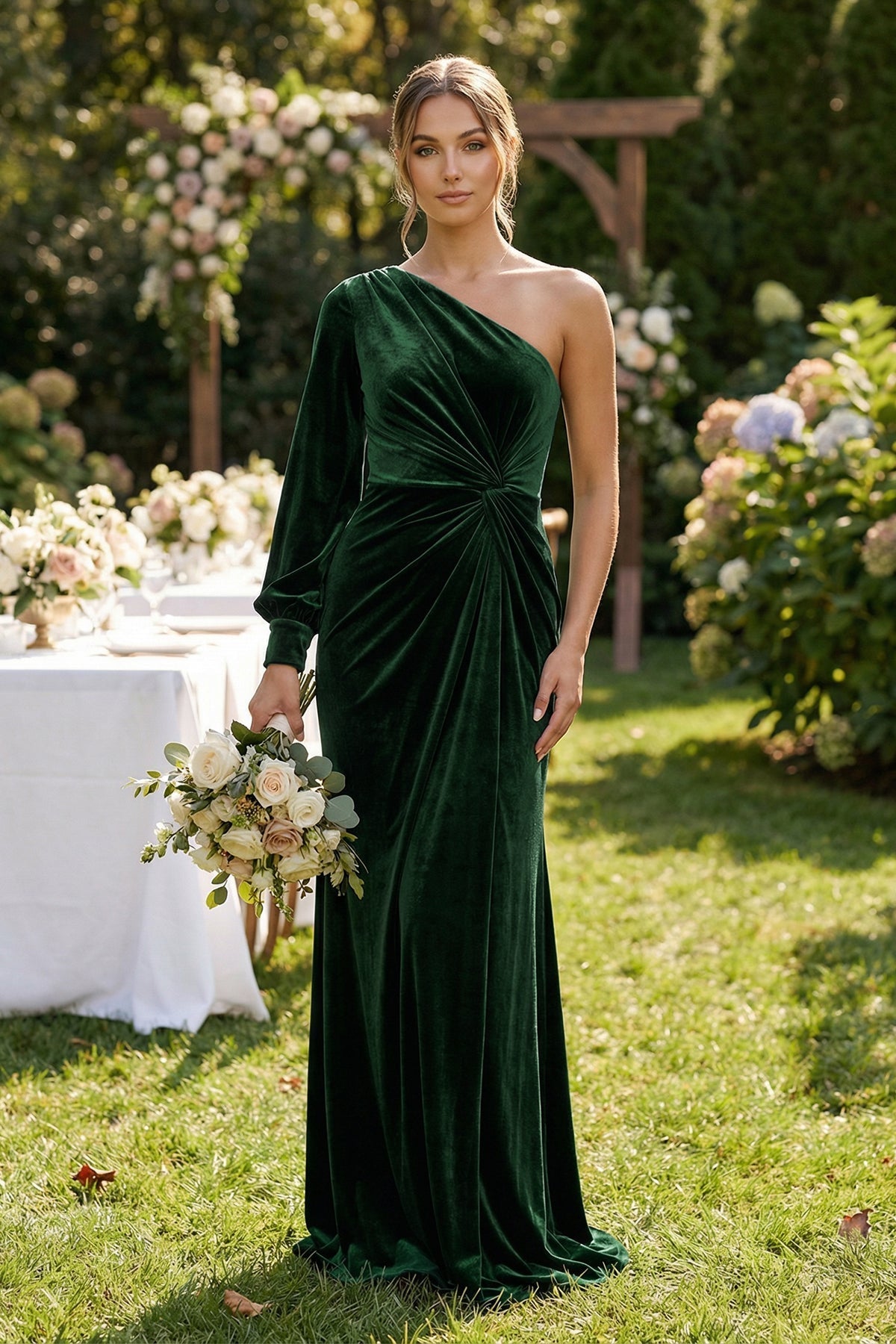 Velvet One Shoulder Sheath Long Sleeve Bridesmaid Dress in Dark Green - SHE IS ME Bridesmaid Dresses