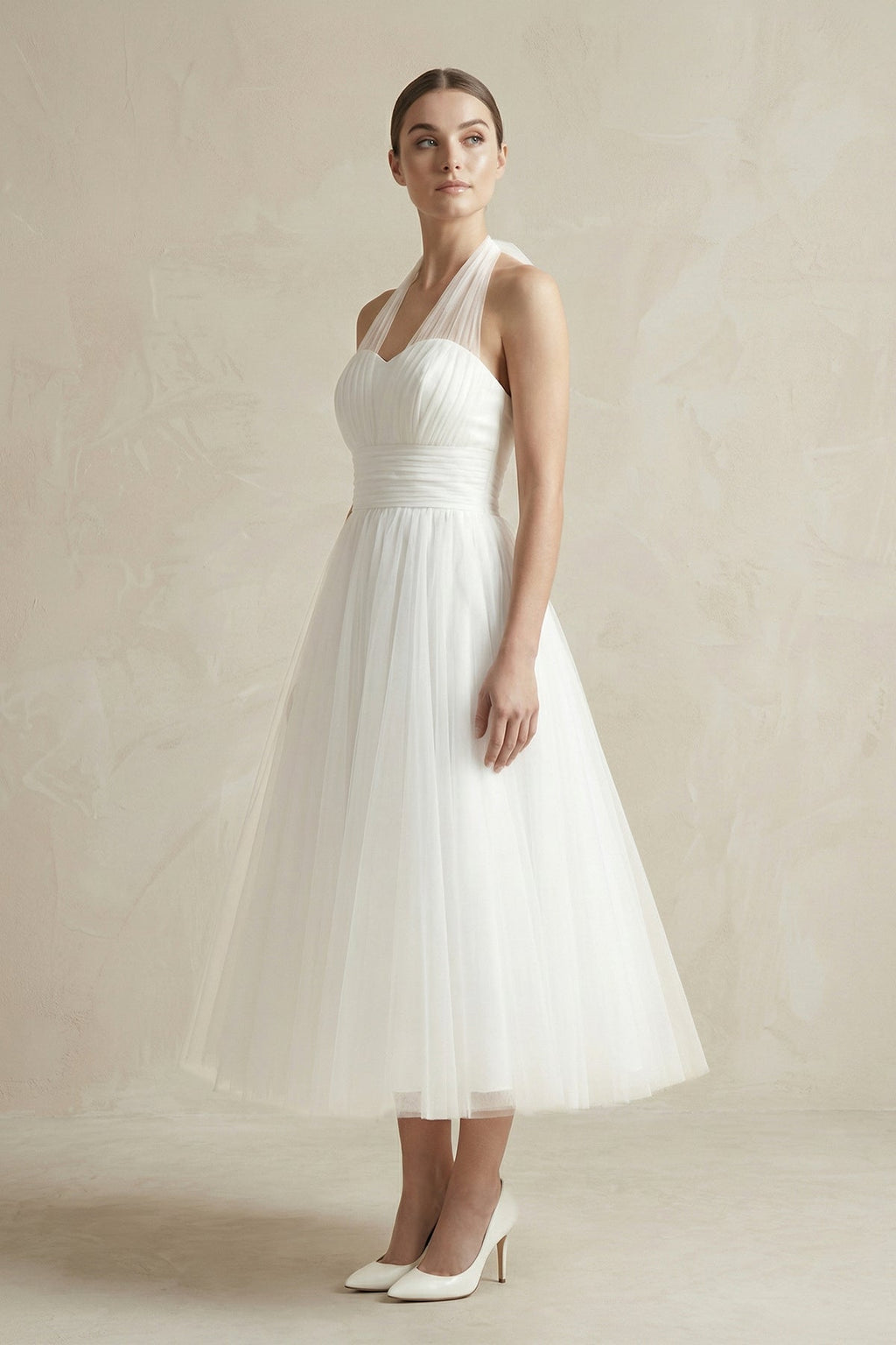 White Halter Tulle A - Line Midi Wedding Dress - SHE IS ME Wedding Dresses