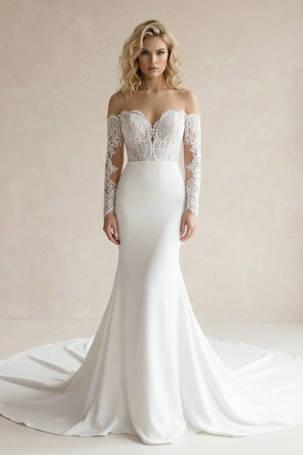 White Off - the - Shoulder Satin Mermaid Wedding Dress - SHE IS ME Wedding Dresses