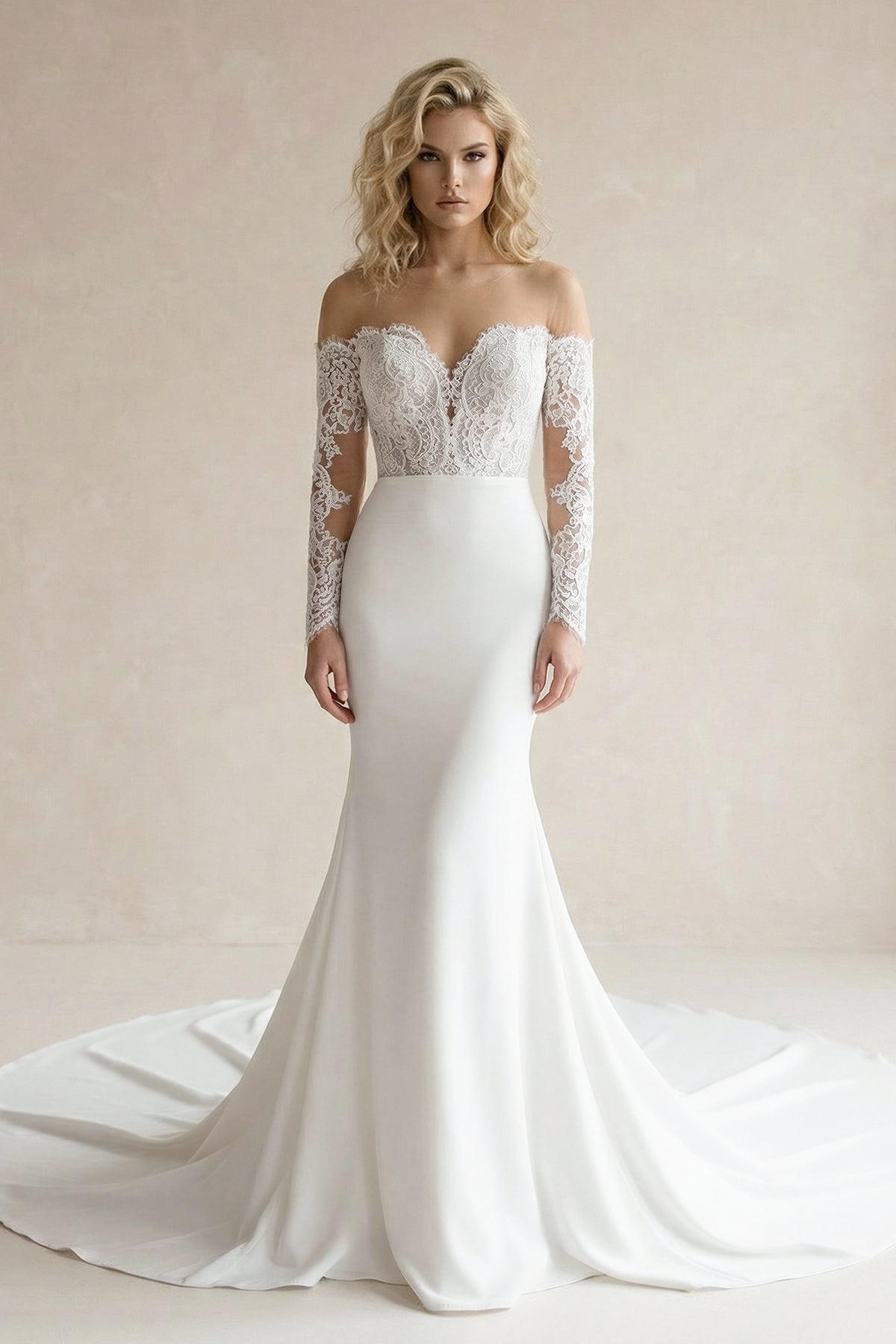 White Off - the - Shoulder Satin Mermaid Wedding Dress - SHE IS ME Wedding Dresses